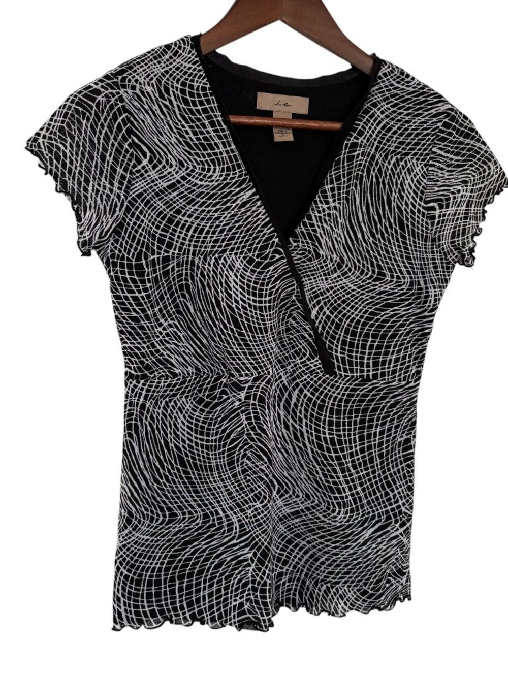 Vintage Y2K I.E. Faux Wrap Top Small S Black White Mesh Lettuce Hem Fairy Goth